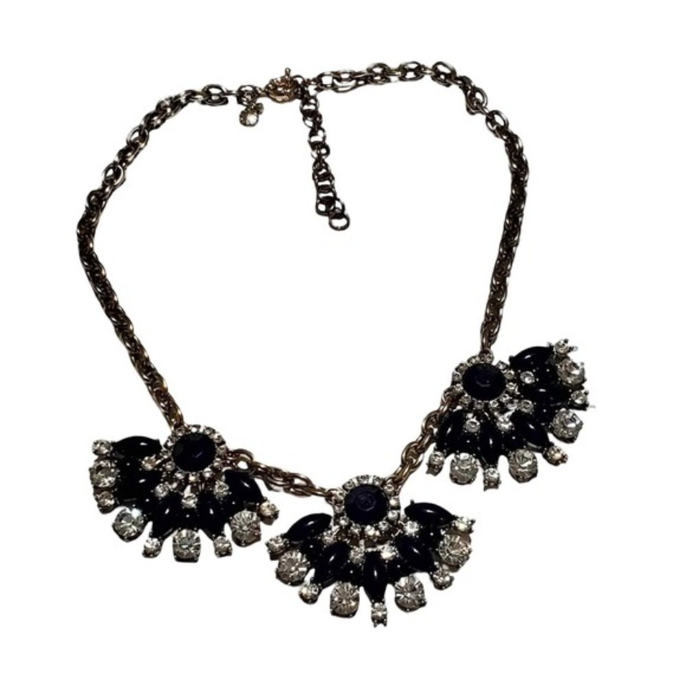 J. Crew Navy Blue Rhinestone Statement Bib Necklace Gold Adjustable Fan Design